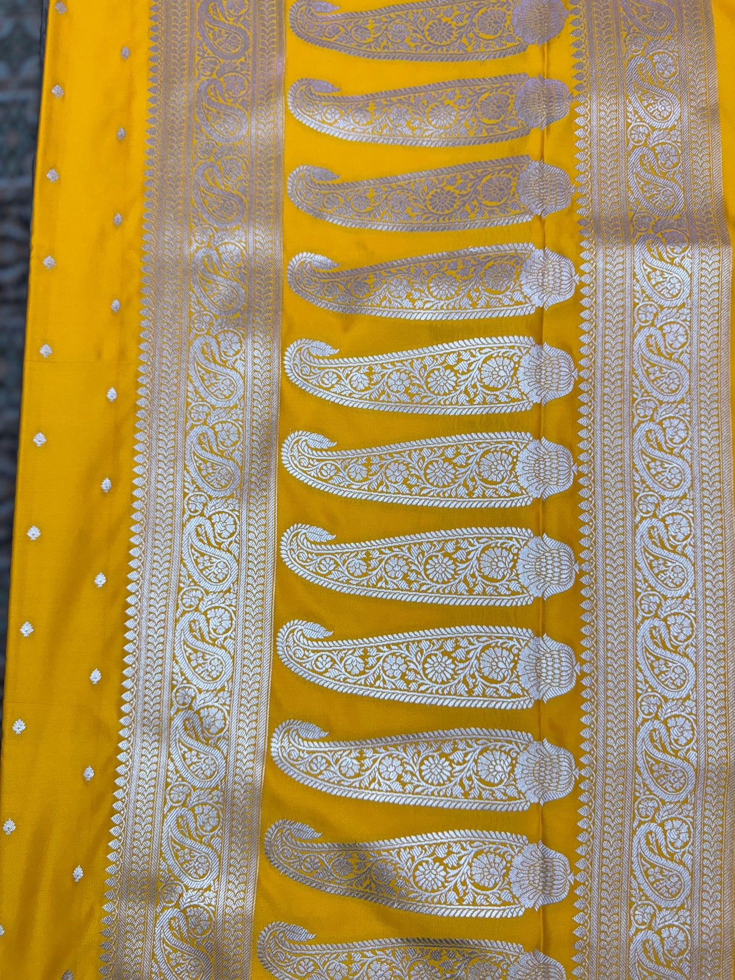 Mashru Silk Phekwa (cutwork) Butidar Design Golden Yellow Banarasi Saree