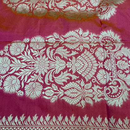 Pure Katan Kadhua Handwoven Jaal Meenakari Coral Pink Banasari Saree