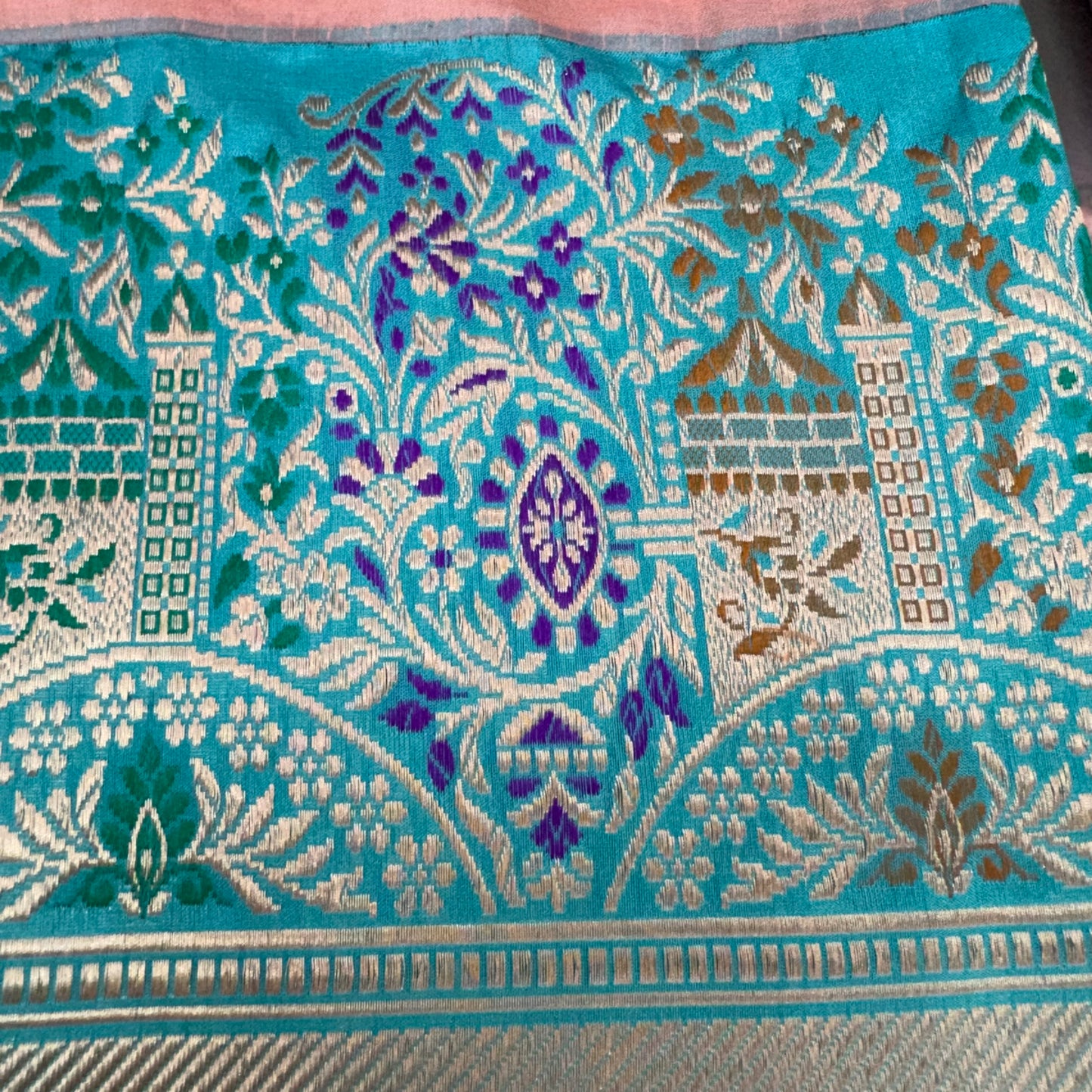 Pure Katan Kadhua Handwoven Butidar Meenakari Border Peach Banasari Saree