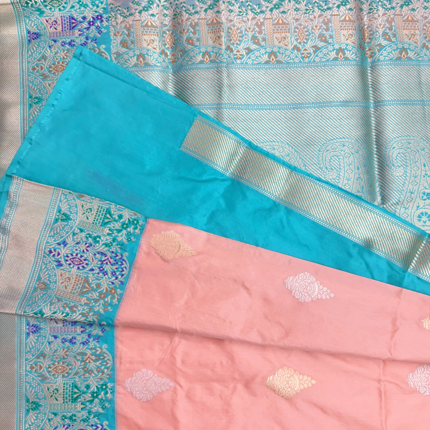 Pure Katan Kadhua Handwoven Butidar Meenakari Border Peach Banasari Saree