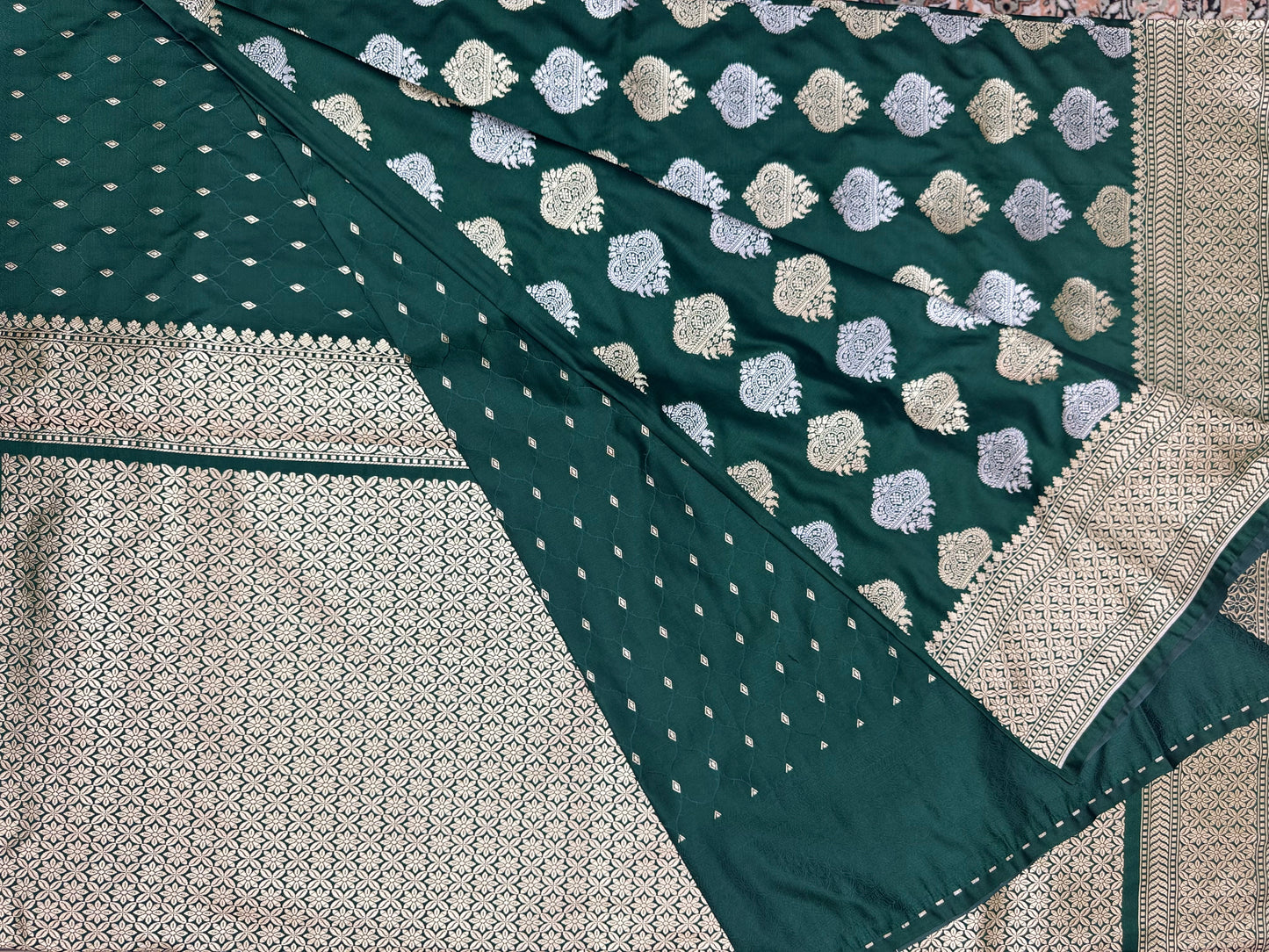 Mashru Silk Phekwa (cutwork) Butidar Meenakari Design Green Banarasi Saree