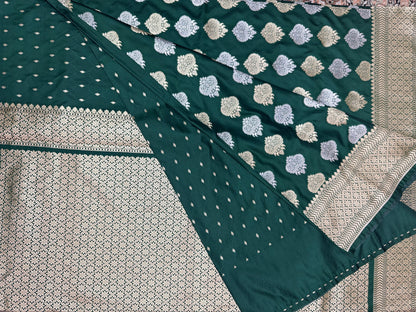 Mashru Silk Phekwa (cutwork) Butidar Meenakari Design Green Banarasi Saree
