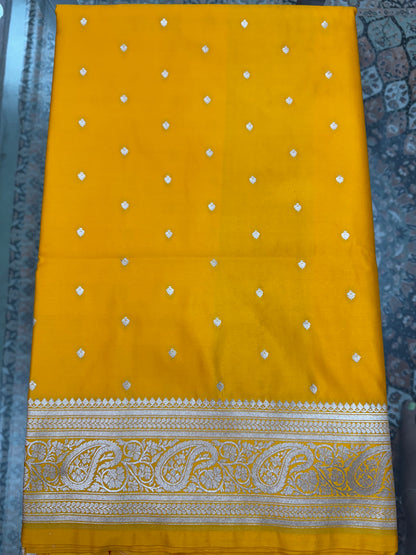 Mashru Silk Phekwa (cutwork) Butidar Design Golden Yellow Banarasi Saree