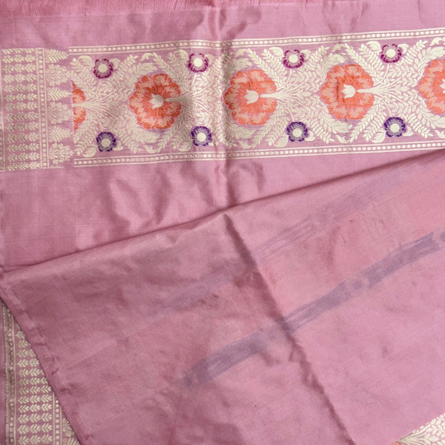 Pure Katan Phekwa Handwoven Butidar Design with Meenakari Border Baby Pink Banasari Saree