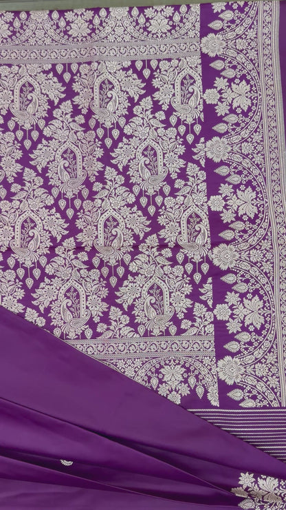Mashru Silk Phekwa (cutwork) Butidar Design Violet Banarasi Saree