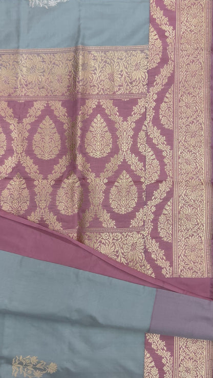 Pure Katan Kadhua Handwoven Butidar Ash Grey Banasari Saree