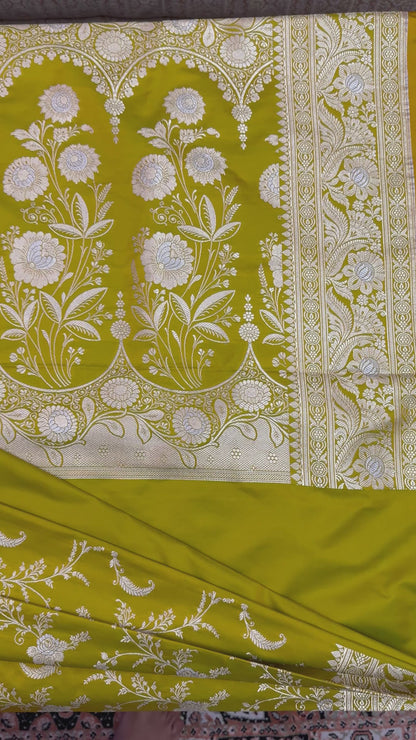 Mashru Silk Phekwa (cutwork) Jaal Design Meenakari Border Olive Yellow Banarasi Saree