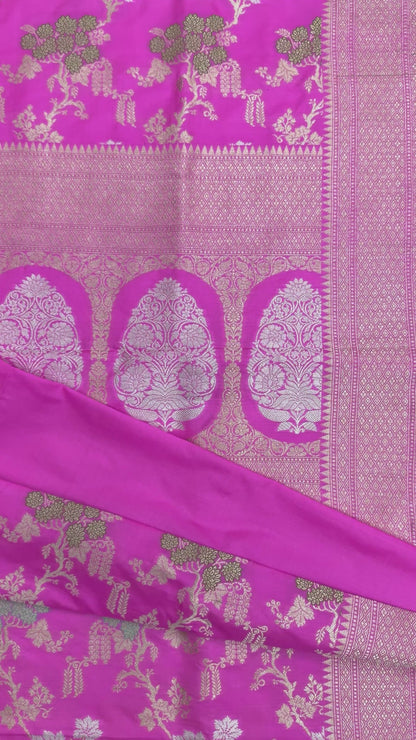 Pure Katan Kadhua Handwoven Jaal Meenakari Pink Banarasi Saree