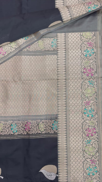 Pure Katan Phekwa Handwoven Butidar Meenakari Border Meenakari Black Banasari Saree