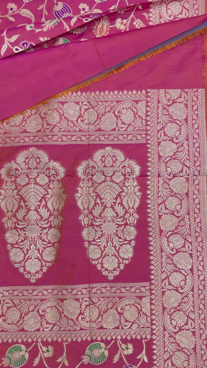 Pure Katan Kadhua Handwoven Jaal Meenakari Coral Pink Banasari Saree