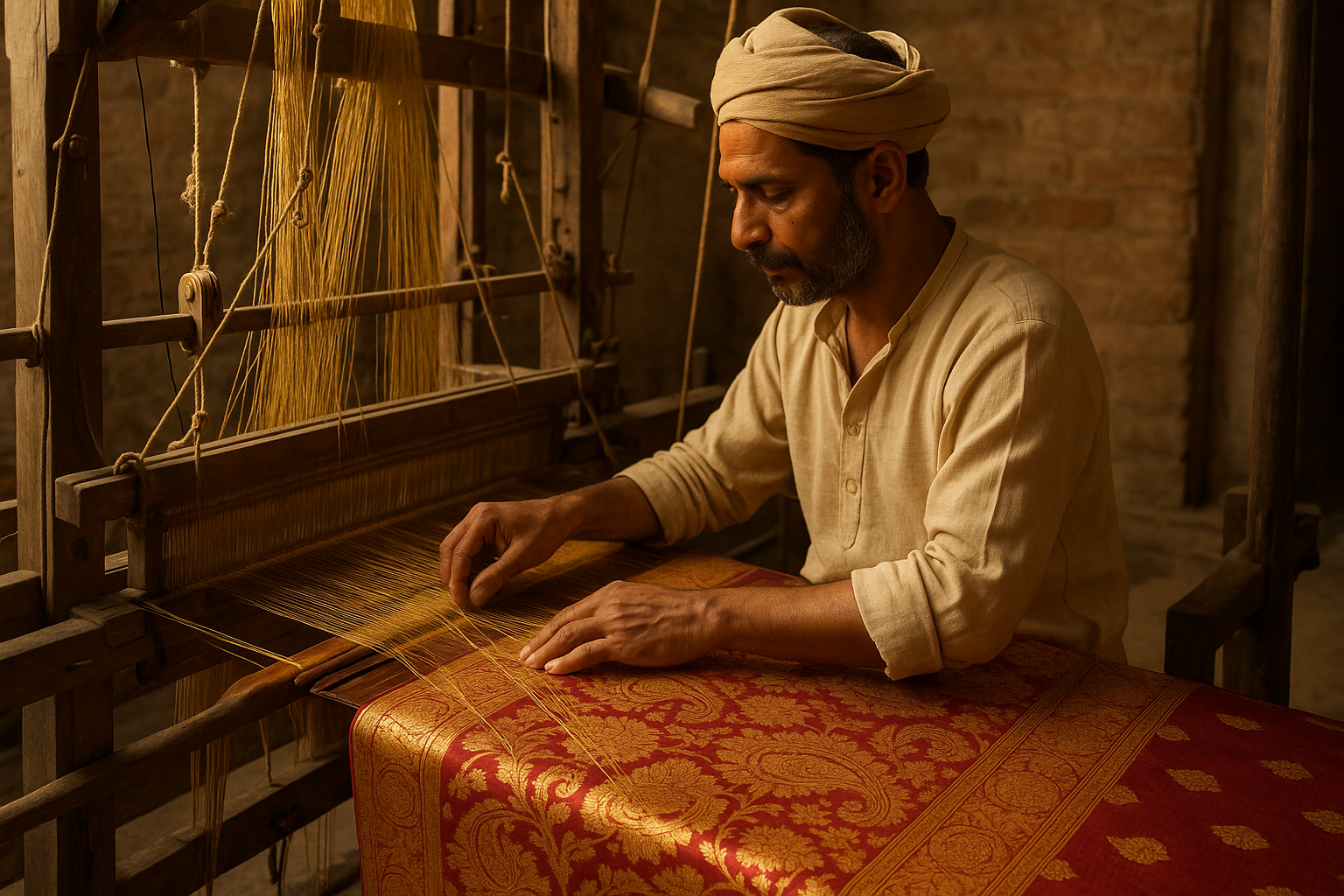 traditional handloom setup for bananari saree with a weaver